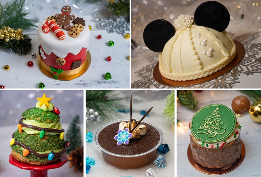 Collage de 5 imágenes con pastelito de dulces navideños, pastel de cúpula con sombrero de invierno de Mickey, hojaldre de crema del árbol de Navidad, crème brulée de cacao caliente, pastel de queso con pan de jengibre