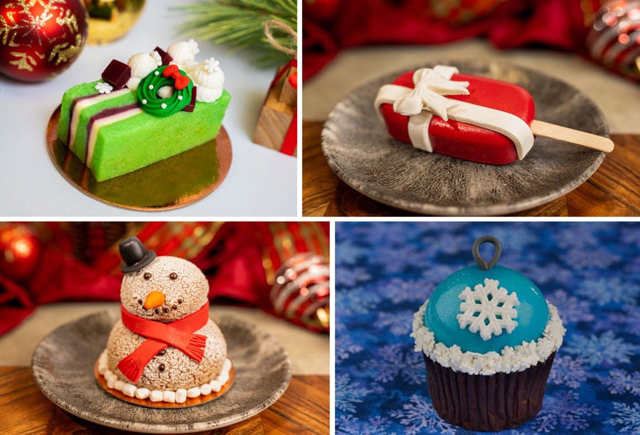 Collage of Present Peppermint Brownie Pop, Holiday Cranberry Frangipane Cake, Snowman Choux, Holiday Ornament Cupcake
