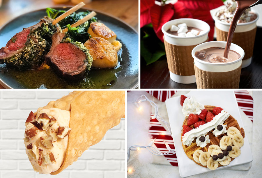 Collage de especial del día de Navidad, chocolate caliente italiano, cannoli de ñame confitado y gofre de Papá Noel