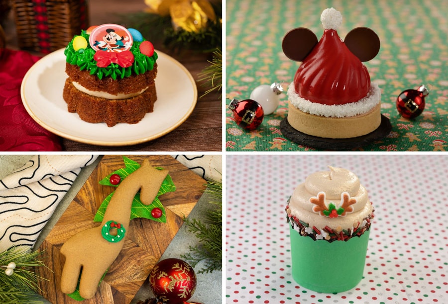 Collage of Minnie Gingerbread Bundt Cake, Mickey Santa Hat Tart, Gingeraffe Cookie, Deer Holly Day Cupcake