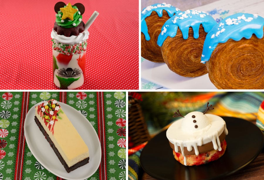 Collage of Holiday Shake, Frosted Croissant Roll, Peppermint Brownie Cheesecake, Snowman Blondie