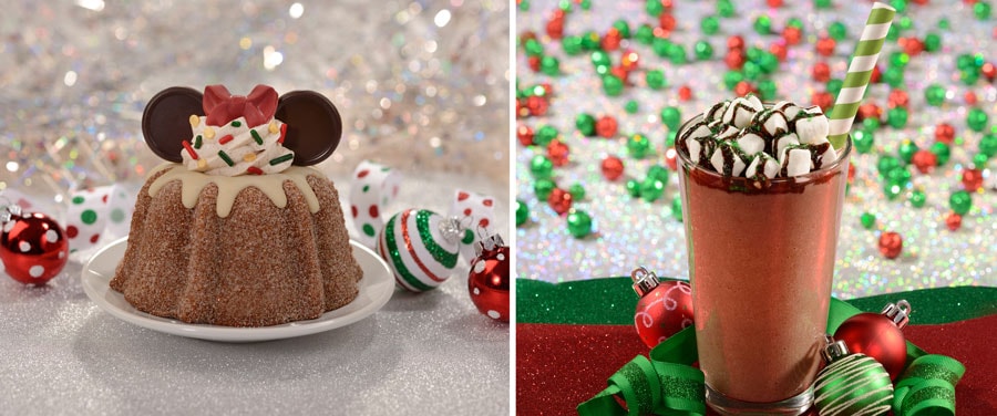 Collage of Holiday Minnie Bundt Cake and Frozen Salted Caramel Hot Cocoa topped with mini marshmallows and chocolate sauce 