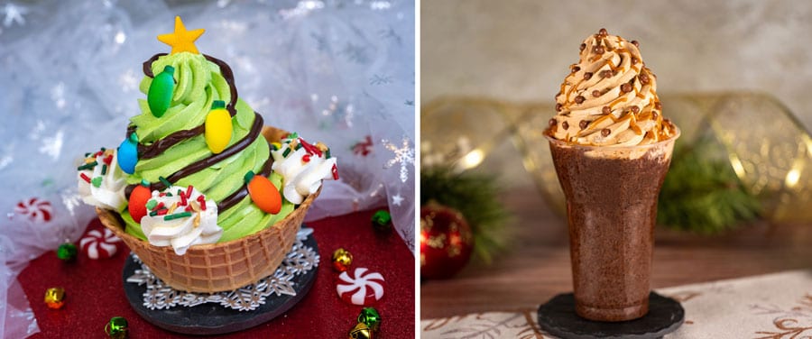 Collage of Christmas Tree Sundae, Frozen Hot Chocolate Float with Salted Caramel 