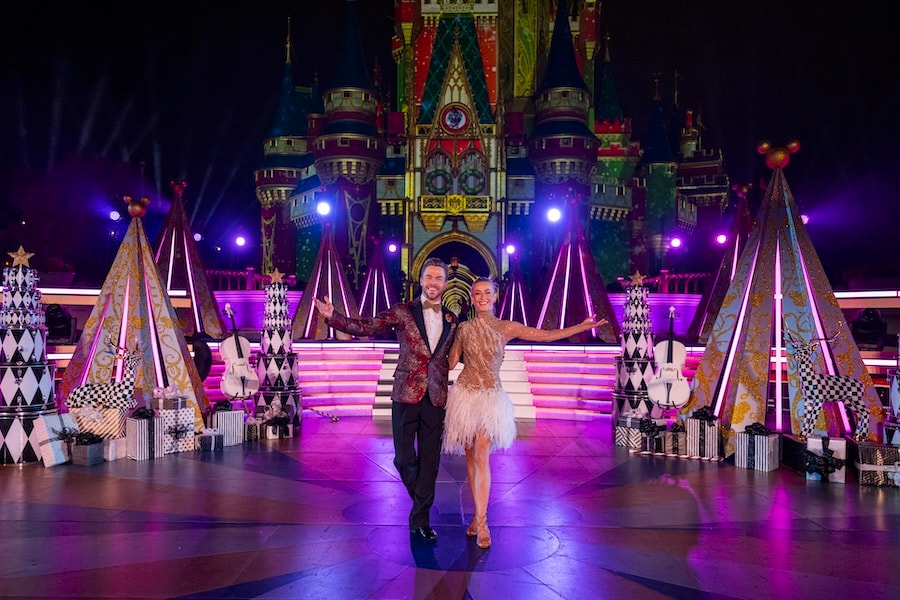 Derek and Julianne Hough hosting “The Wonderful World of Disney: Magical Holiday Celebration” airing on ABC on Sunday, Nov. 26, 2023