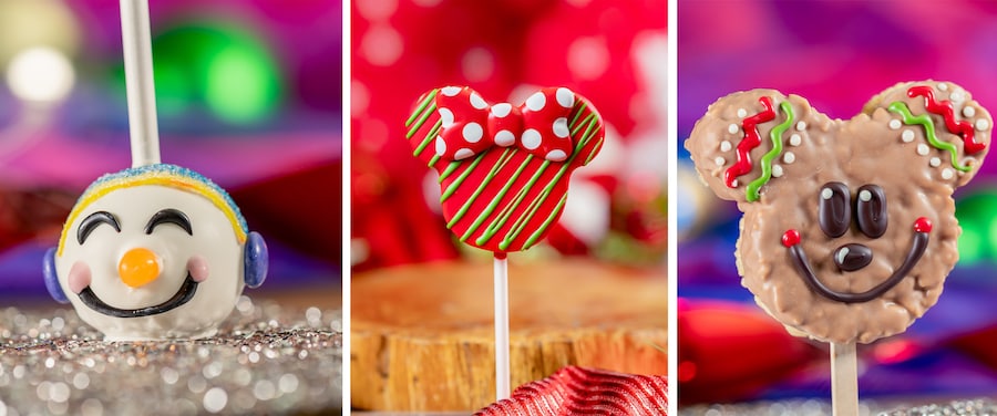 The Extensive New Disneyland Holiday Food Guide Is Here!  Snowman Cake Pop, Holiday Minnie Cake Pop and Mickey Gingerbread Cereal Treat from Bing Bong’s Sweet Stuff and Trolley Treats 