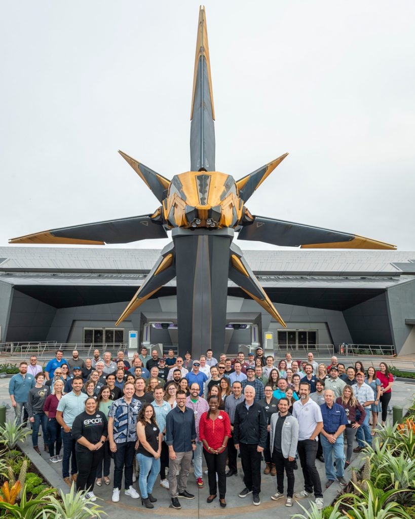 Guardians of the Galaxy: Cosmic Rewind Wins Award for Outstanding Attraction - Cast Member team photo featuring Walt Disney Imagineers in front of attraction entrance and starship