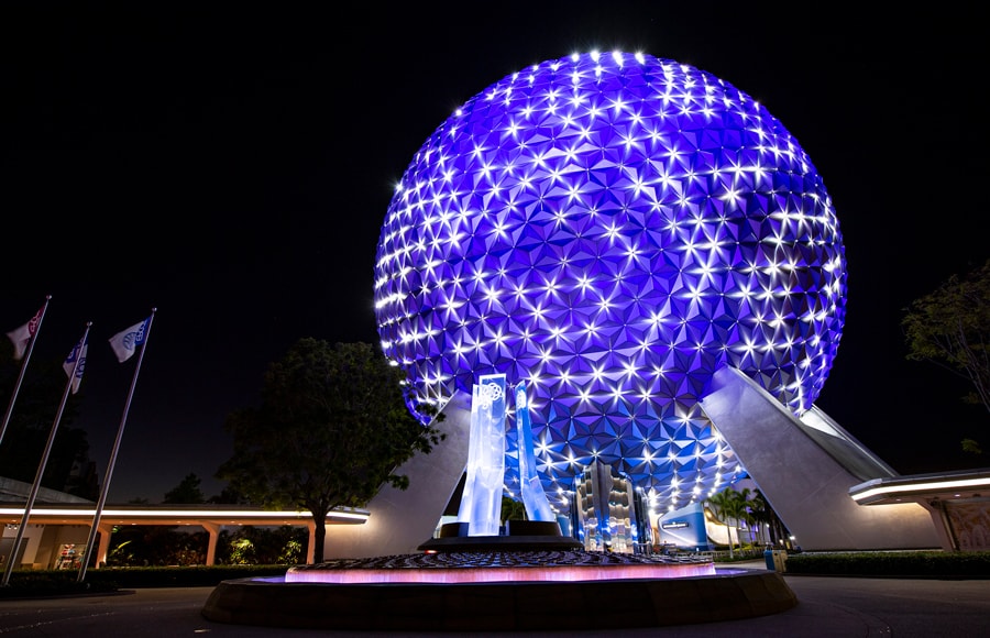 Spaceship Earth illuminates the EPCOT sky at Walt Disney World Resort with special colors and lights featuring the brand-new song “I’m a Star” from Disney Animation’s “Wish.”