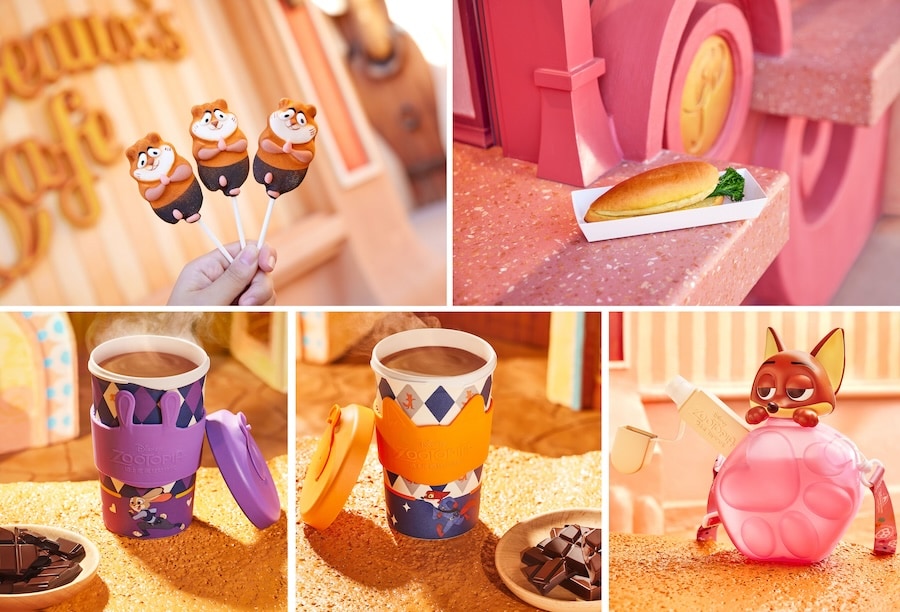Lemming Marshmallows, Frittata Sandwich, Hot Chocolate with Judy Hopps Hot Beverage Cup, Hot Chocolate with Nick Wilde Hot Beverage Cup and White Peach Waxberry-Flavored Sparkling Special Drink with Nick Souvenir Cup from Jumbeaux‘s Cafe when Zootopia opens at Shanghai Disney Resort Dec. 20, 2023