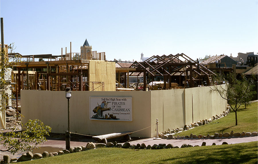 Construction walls around the making of the Pirates of the Caribbean ride at Magic Kingdom Parks in 1973