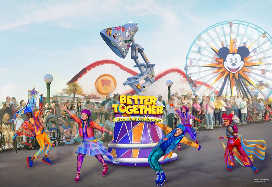 Rending of new parade float for new daytime parade, “Better Together: A Pixar Pals Celebration!”, coming to Pixar Fest 2024 at Disney California Adventure Park