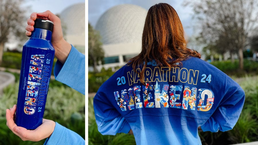 collage of two pictures of marathon weekend merch, one of a water bottle and another of a spirit jersey