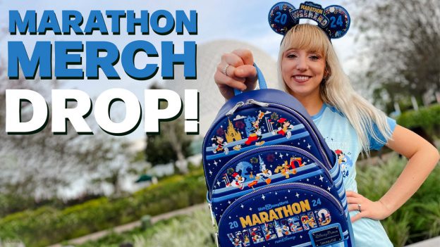 marathon merch drop blog post header containing a woman showing a Loungefly and wearing Mickey ears both themed to 2024 marathon weekend