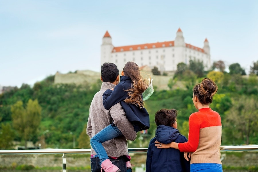 Family looking at a castle
