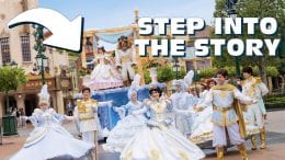 Shanghai Disney Resort - new Castle Encounters, a royal-themed boutique in the Enchanted Storybook Castle, image of Disney royal characters and text "Step into the Story"
