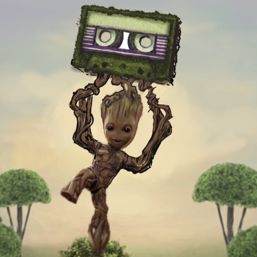 Groot topiary concept art for 2024 EPCOT Flower and Garden Festival featuring young Groot standing on one leg holding up Cassett mixtape  