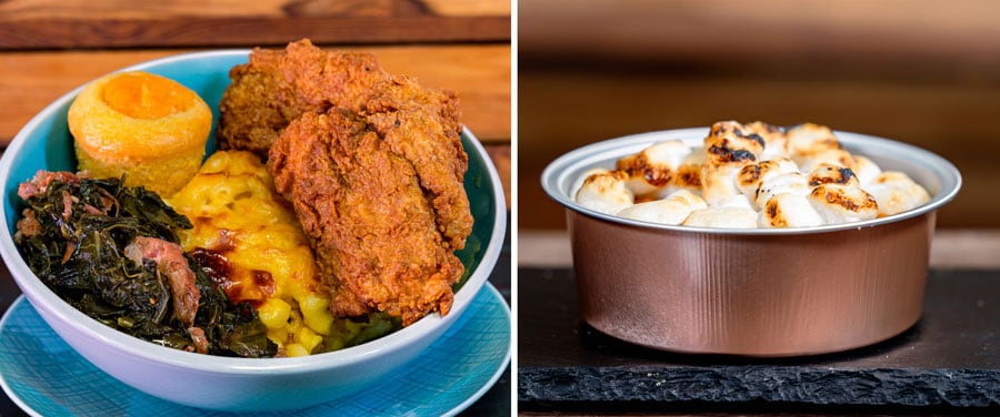 Collage of Fried Chicken Bowl and Sweet Potato Pie Casserole