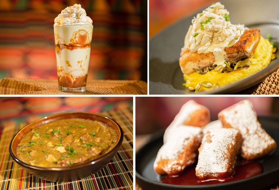 collage of Bananas Foster Shake, Crab-topped Catch of the Day, Chicken and Andouille Gumbo, Tiana's Famous Beignets