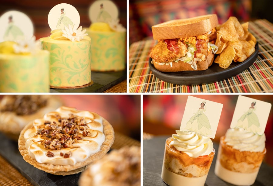 Collage of Tiana’s Petit Cake, Fried Green Tomato BLT Sandwich, Sweet Potato Pie and Peach Cobbler