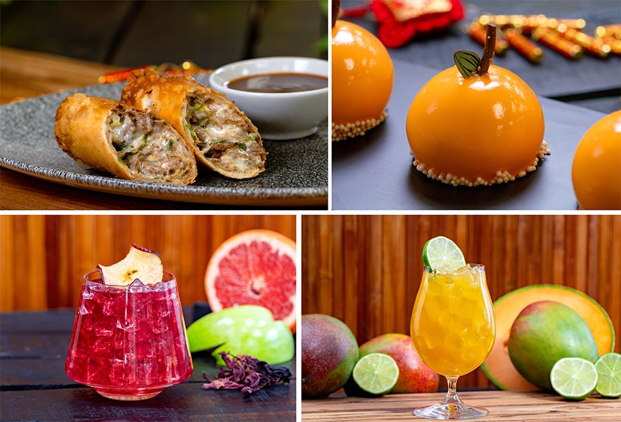 Quesabirria Eggroll, Mandarin Orange Mousse Cake, Hibiscus Apple Soju-rita and Mango Melon Cocktail from Lucky 8 Lantern for Lunar New Year 2024