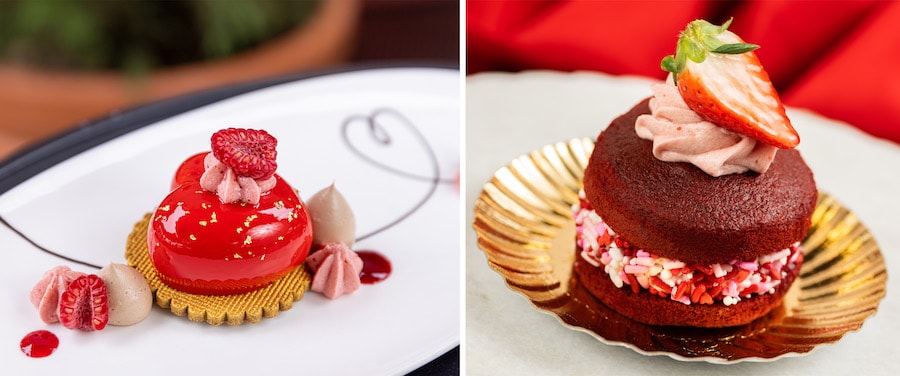 Disney’s Hollywood Studios, The Hollywood Brown Derby (Available Feb. 1 through 14): Red Velvet-White Chocolate Mousse atop a chocolate cookie, The Trolley Car Café (Available Feb. 1 through 14), Strawberry-Red Velvet Whoopie Pie: Red velvet cake filled with cream cheese buttercream topped with strawberry buttercream