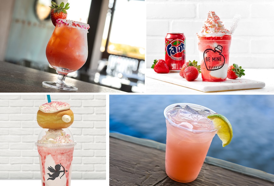 Valentine's Day 2024 Treats at Disney Springs, collage of gelato, shake, and drinks