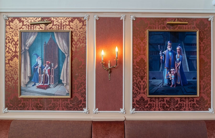 “The Sword in the Stone” and “Atlantis: The Lost Empire” artwork in the Prologue dining room for Royal Banquet at Disneyland Hotel in Paris