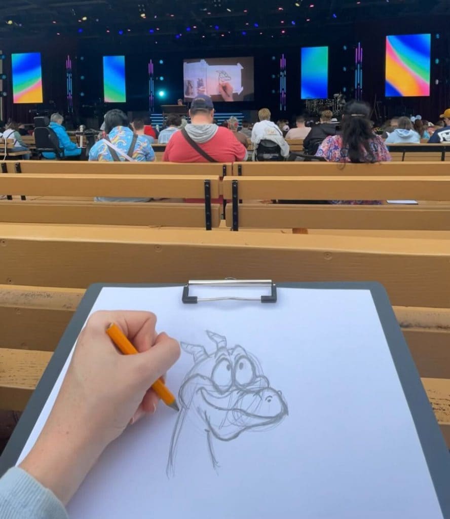 Image of Figment drawing by guest during Animation Academy complimentary course at America Gardens Theatre