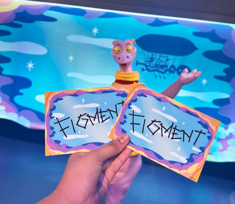 Image of Figment meet and greet inside ImageWorks at EPCOT