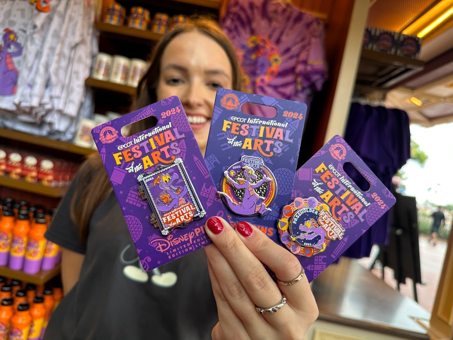 Image of three figment pins exclusive to EPCOT International Festival of the Arts 2024