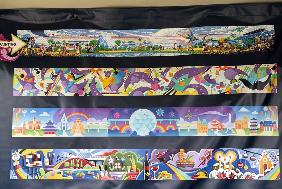 Image of Expression Section: Paint by Number mural option displayed at event booth featuring Figment, World Celebration, World Showcase and annual EPCOT festivals
