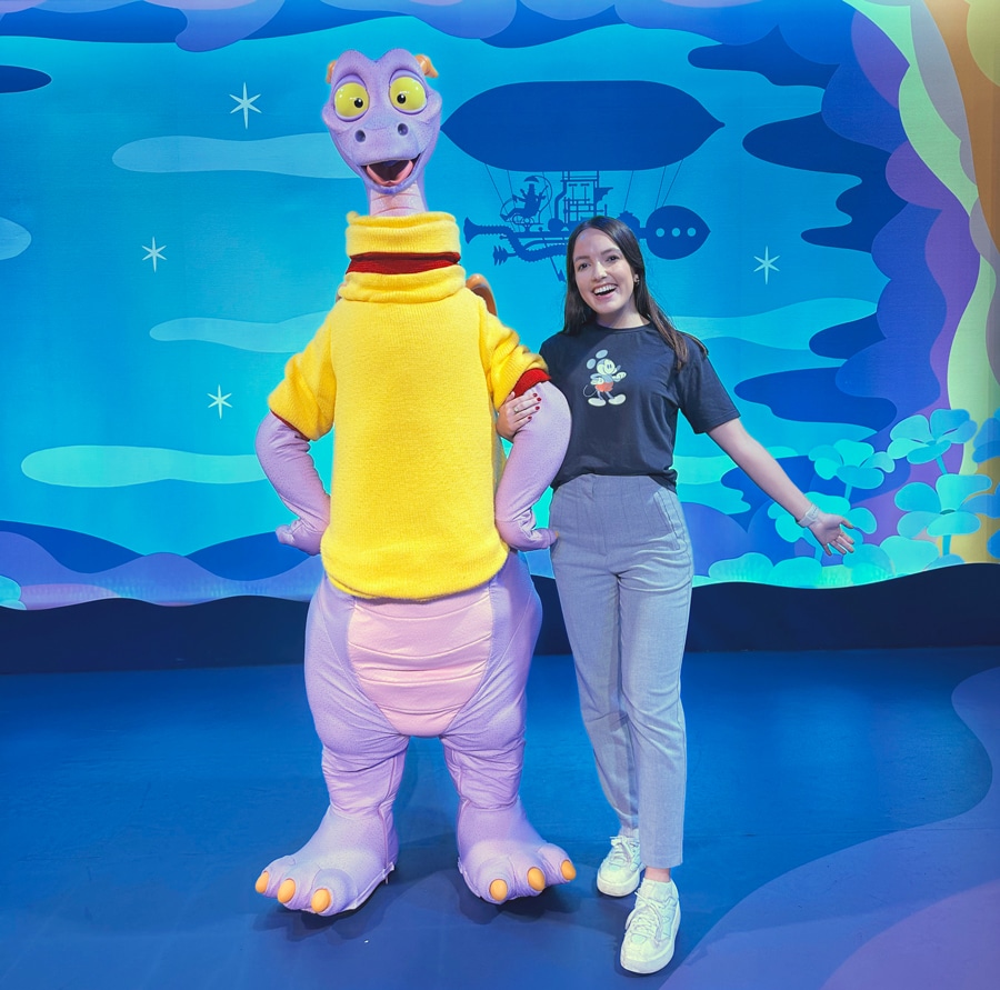 Image of Figment meet and greet with guest during 2024 EPCOT International Festival of the Arts