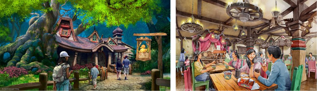 Renderings of The Snuggly Duckling coming to the new Fantasy Springs opening on June 6, 2024 at Tokyo DisneySea 