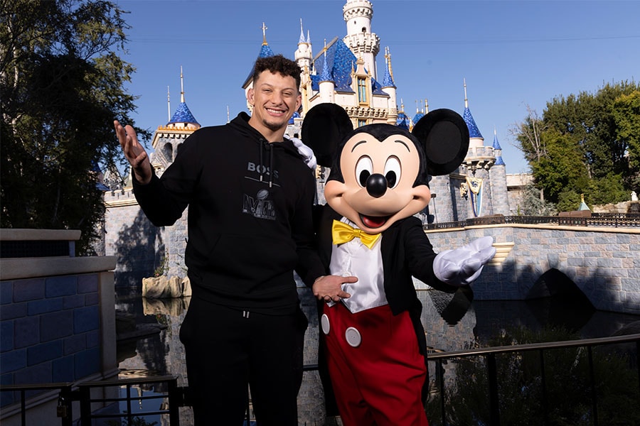 Super Bowl MVP Patrick Mahomes with Mickey Mouse at Disneyland park