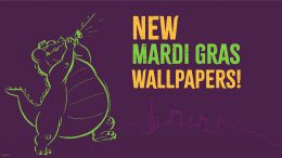 Image of Louis the alligator from Walt Disney Animation Studios’ “The Princess and the Frog” with text saying New Mardi Gras Wallpapers. Disney Wallpaper for phones and desktops.