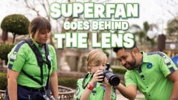 Image of Disney Cast Member and child dressed as Disney PhotoPass cast member, text reads "superfan goes behind the lens"
