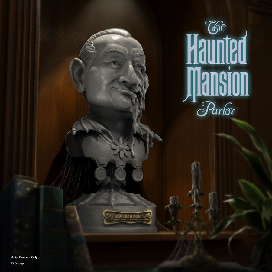 Rendering of a new sculpture of famed Disney Legend Rolly Crump coming to the Haunted Mansion Parlor on the Disney Treasure