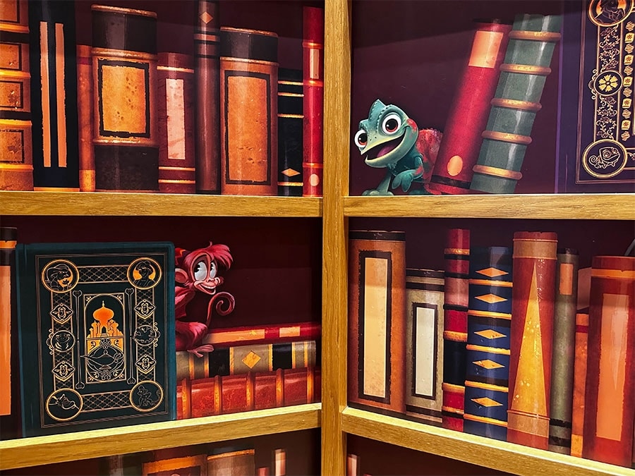 Disney characters in the book shelves in the Royal Kids Club in the Disneyland Hotel at Disneyland Paris