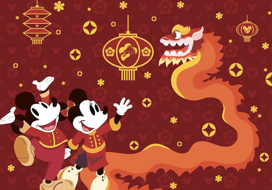 New Disney Chinese New Year Wallpaper 2024, new Disney Lunar New Year Wallpaper 2024, image of Disney wallpaper with Mickey and Minnie celebrating Year of the Dragon