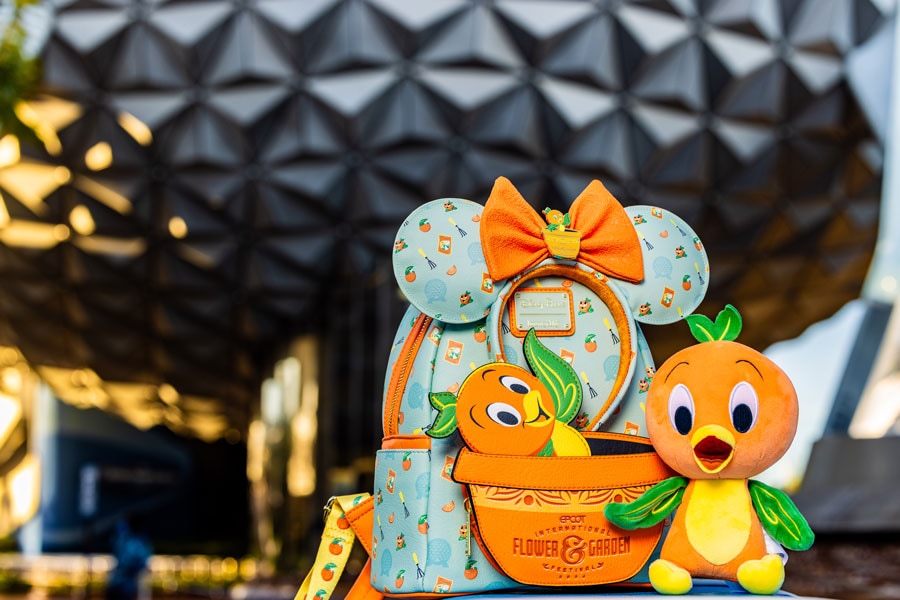 orange bird loungefly bag, ears and plush from EPCOT flower and garden festival