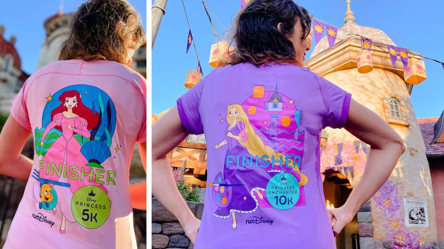 collage of two ladies wearing an ariel and rapunzel princess marathon shirt