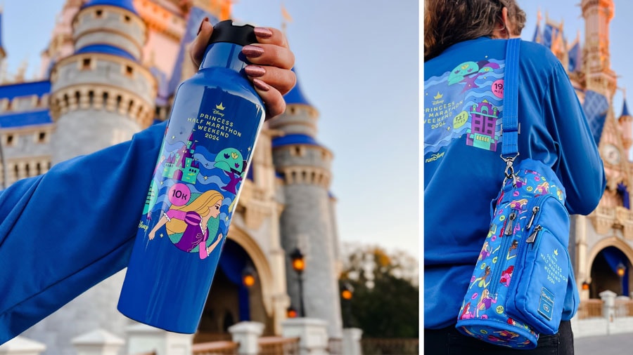 collage of a water bottle and a water bottle bag themed to princess half marathon weekend 2024