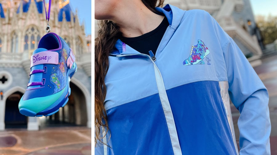 collage of a jacket and sneaker themed to princess half marathon weekend 2024