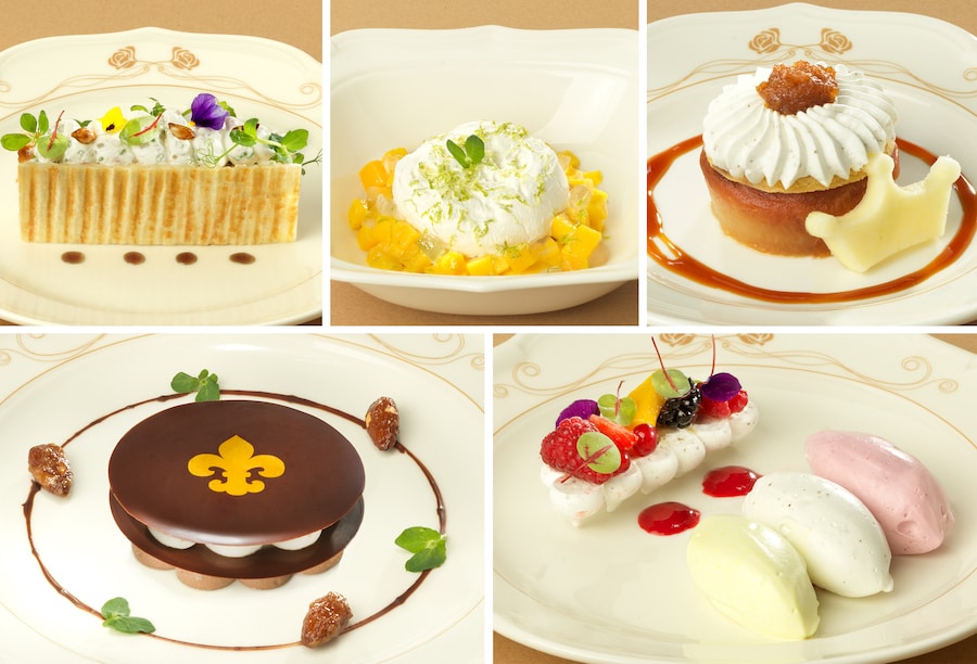 Images of desserts at Disneyland Hotel at Disneyland Paris Resort in the La Table de Lumière restaurant