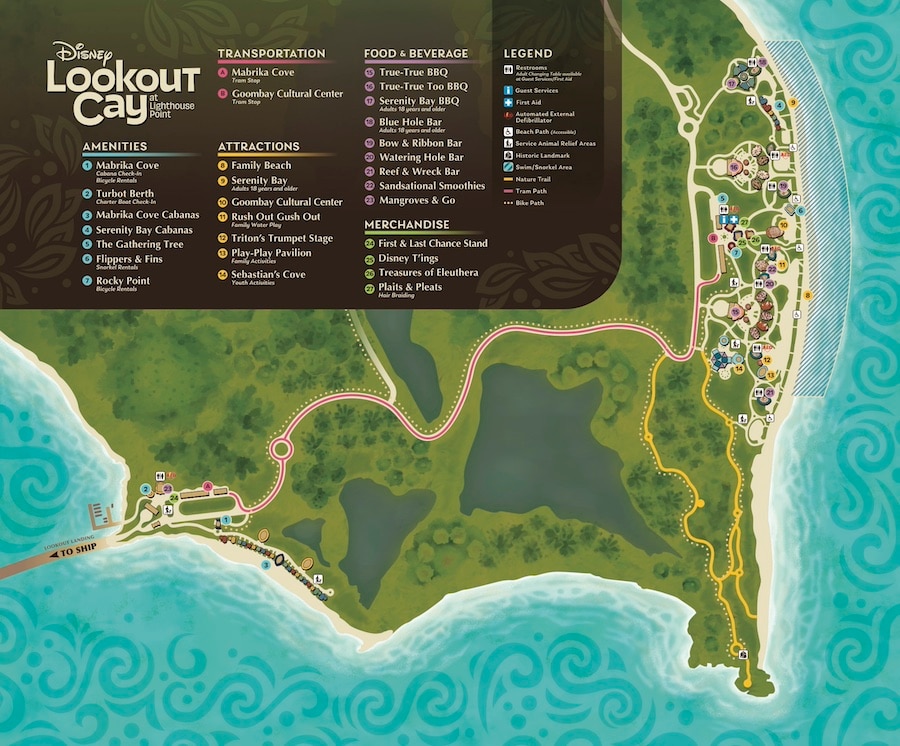 Map of Disney Lookout Cay, new island destination for Disney Cruise Line