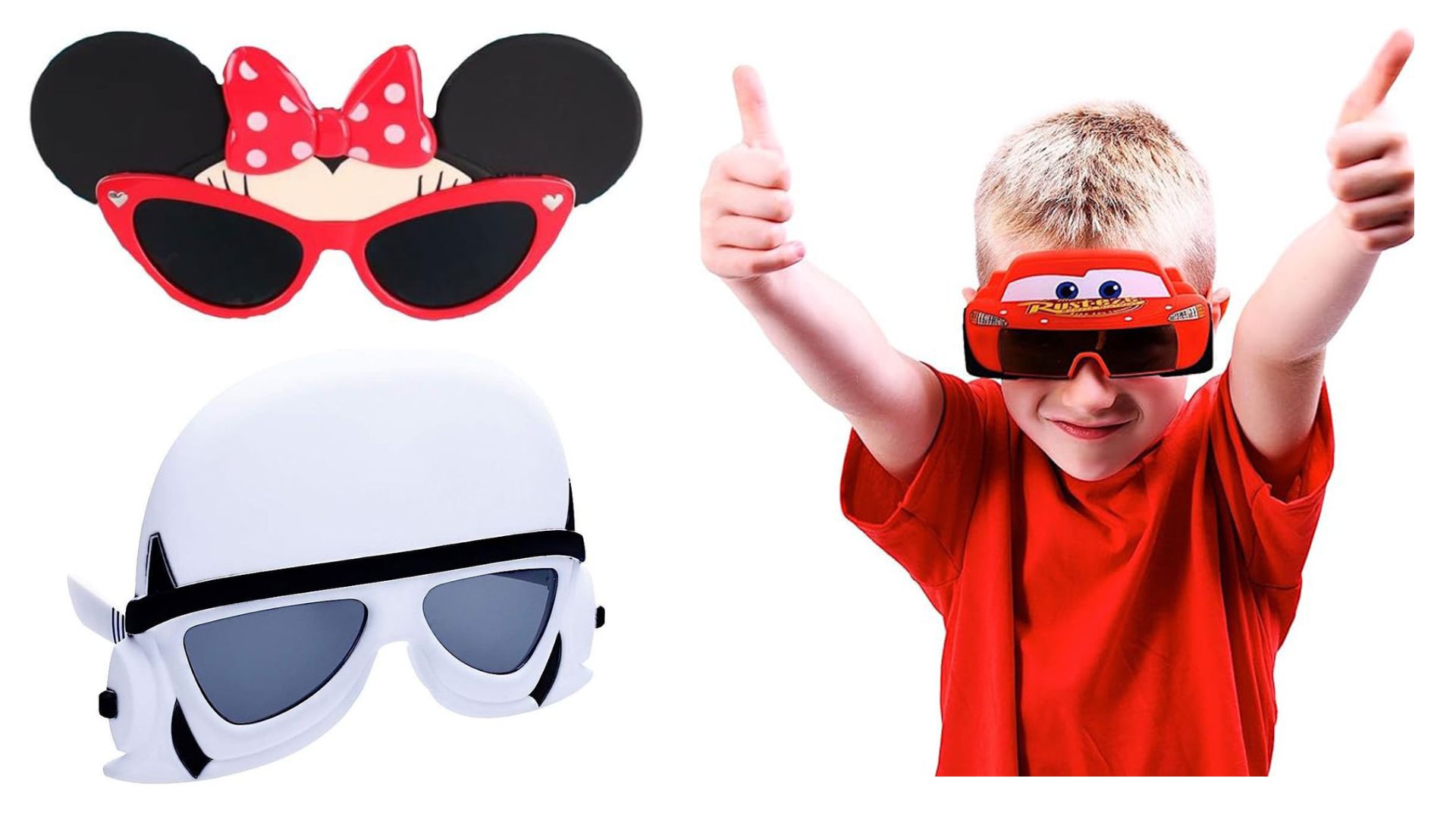 Minnie Mouse and Stormtrooper sunglasses and a child doing a thumbs up wearing Lightning McQueen sunglasses
