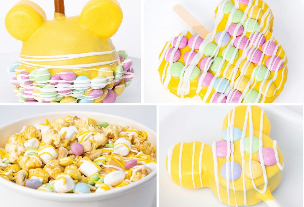 Mickey Spring Caramel Apple, Mickey Spring Cakepop, Spring Popcorn, and Mickey Spring Cereal Treat at Disney Parks for Easter