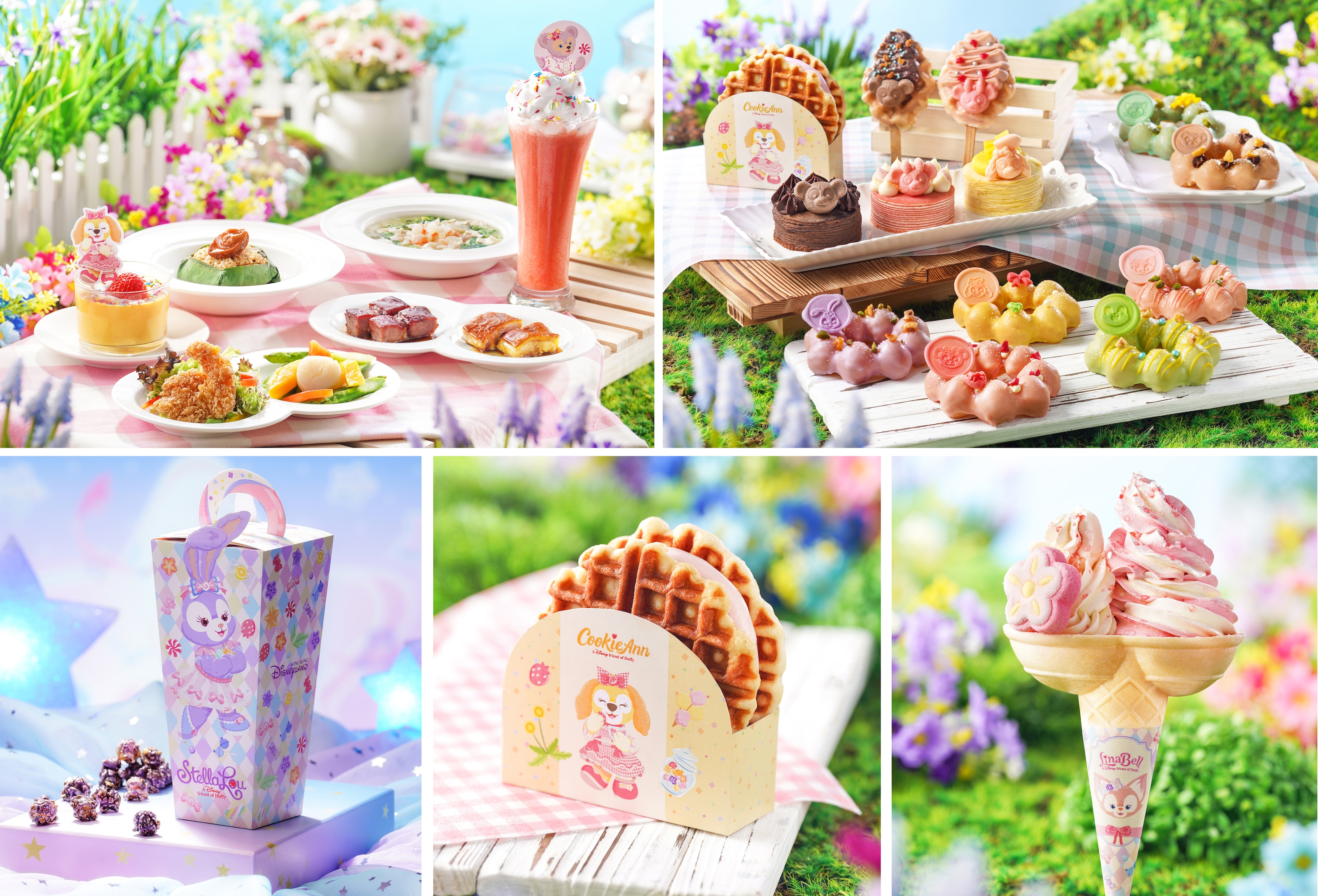 Duffy & Friend's Springtime Set Menu, Grape Popcorn, Duffy & Friends Croffle, and Hokkaido 5.0 Milk with White Peach-Flavored Soft-serve at Disney Parks