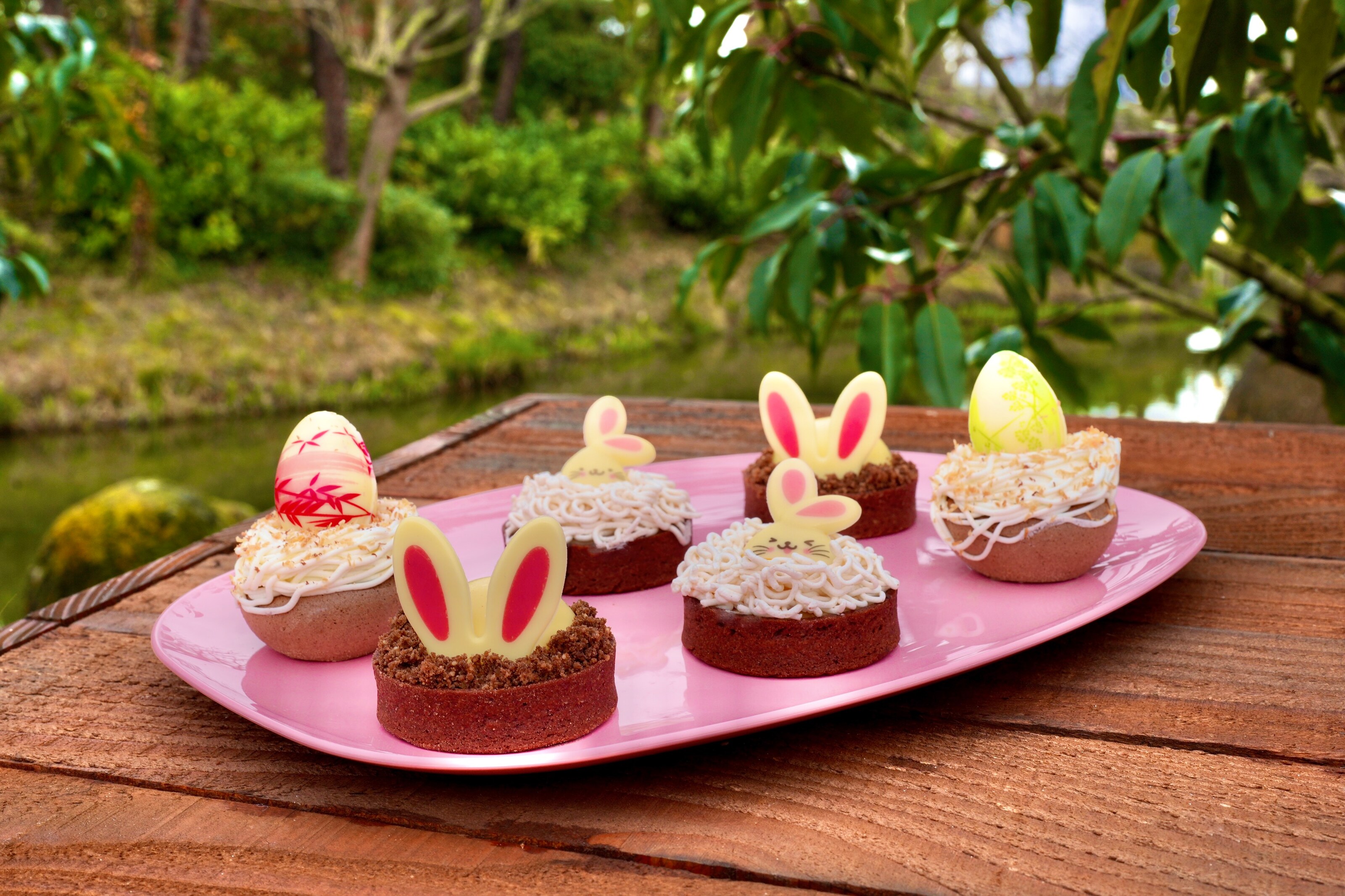 Passion-mango confit and white chocolate praline ganache; Strawberry confit, chocolate ganache, white chocolate dome, and cocoa-almond crumble; Pavlova with cocoa meringue, hazelnut-cocoa praline and coconut ganache at Disney Parks