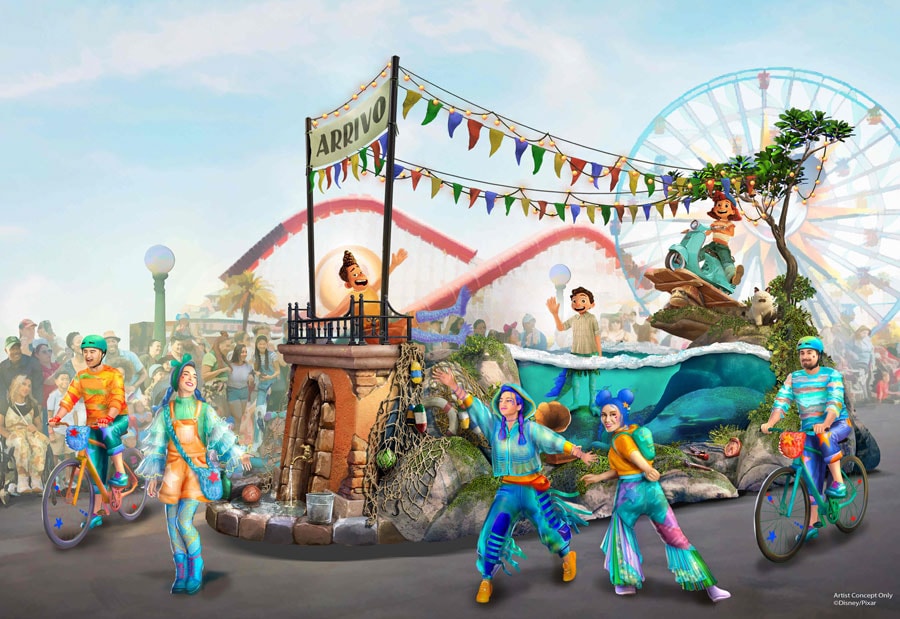 rendering of the “Better Together: A Pixar Pals Celebration!” parade with dynamic and colorful floats that will make their way through Disney California Adventure Park in Anaheim, Calif., during Pixar Fest featuring Pixar friends like Luca, Alberto and Giulia from Disney and Pixar’s “Luca”