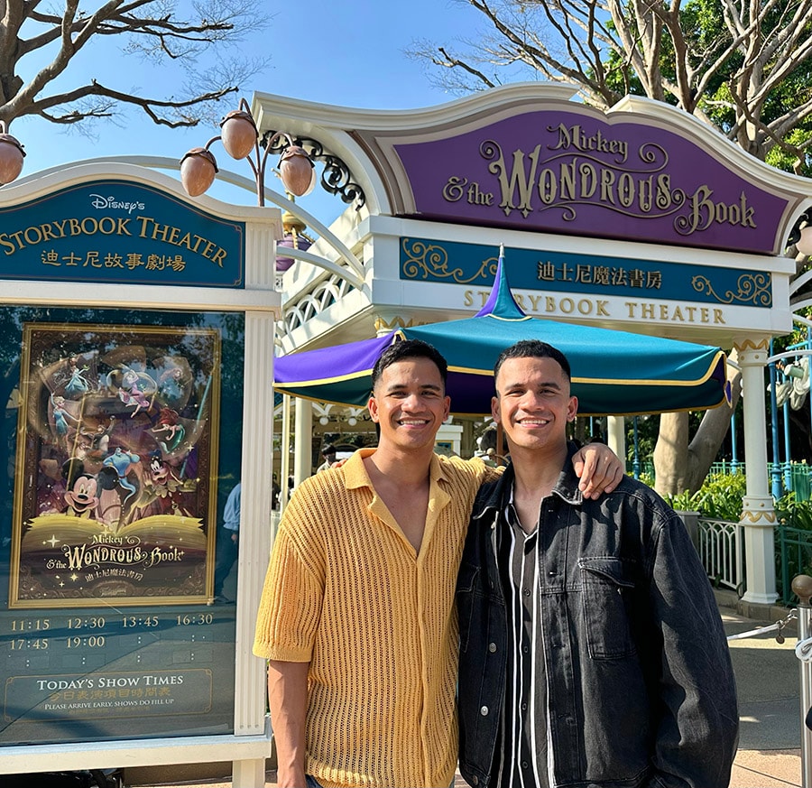 Randolf and Rodolf pose together in front of Storybook Theatre. 